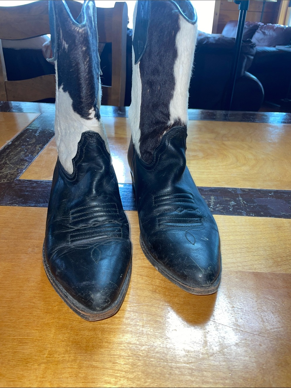 Seychelles Black Leather Boots with Black and White Cow-Hair-On Shaft, Size 9